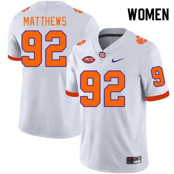 Women #92 Levi Matthews Clemson Tigers College Football Jerseys Stitched-White
